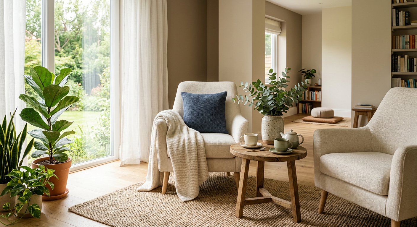 A quiet, sunlit room with two armchairs facing each other across a small table